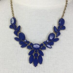 J Crew statement necklace gold tone blue glass floral 20"